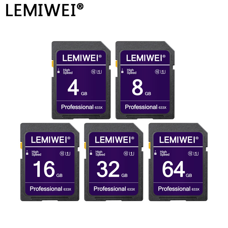 Lemiwei-Cartão de Memória Flash de Alta Velocidade para Câmera, Cartão SD, Professional Class10, SDXC, U1, 4GB, 8GB, 32GB, 64GB, 16GB, V10