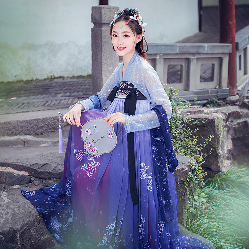 Gaun Cina Hanfu Bordir Biru Gaun Wanita Hanfu Kostum Cosplay Tari Rakyat Gaya Tiongkok Pakaian Tradisional Kimono