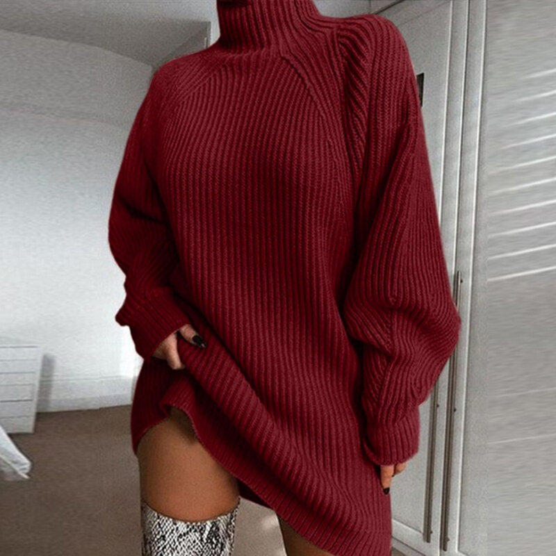 Mode femmes pull hiver chaud col roulé à manches longues Raglan tricoté pull ample robe Midi pour les vêtements des femmes