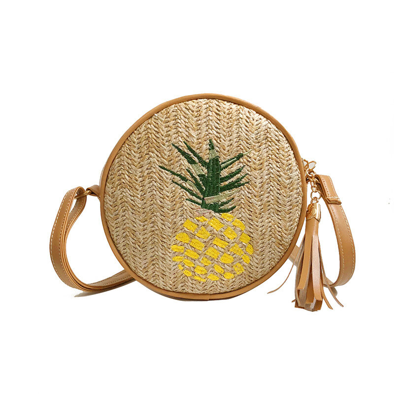 Frauen tasche 2020 Blätter Ananas Stickerei Wilden Einfache One-schulter Diagonal Quaste Stroh runde tasche Licht und Stilvolle