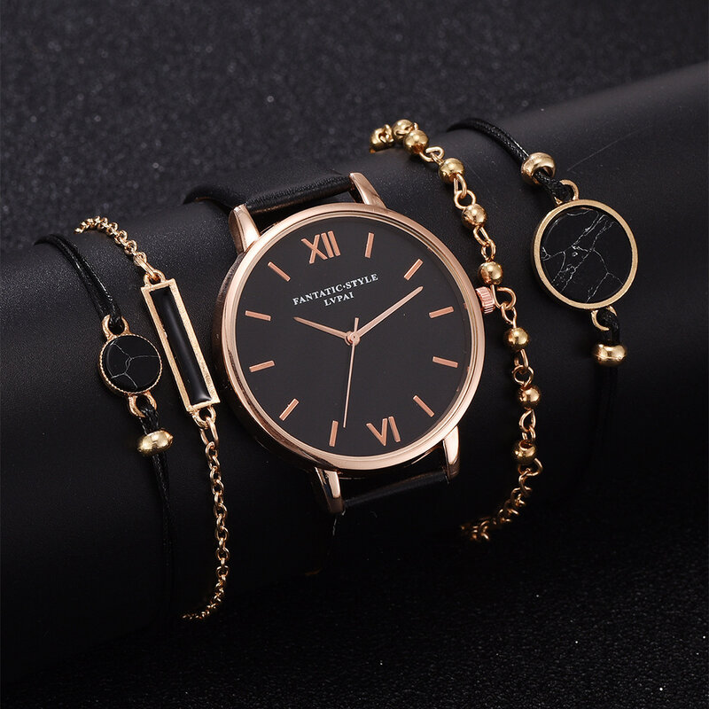 5 sztuk/zestaw nowy prosty zestaw zegarków zegarek kwarcowy trend pu damski zegarek z paskiem z bransoletką kobiety sukienka czarny zegarek