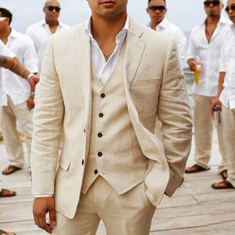 3-sztuka pościel lato garnitury męskie na ślub smokingi dla pana młodego 2022 dorywczo plaża wykonane na zamówienie zestawy blezerów kurtka + kamizelka + spodnie moda