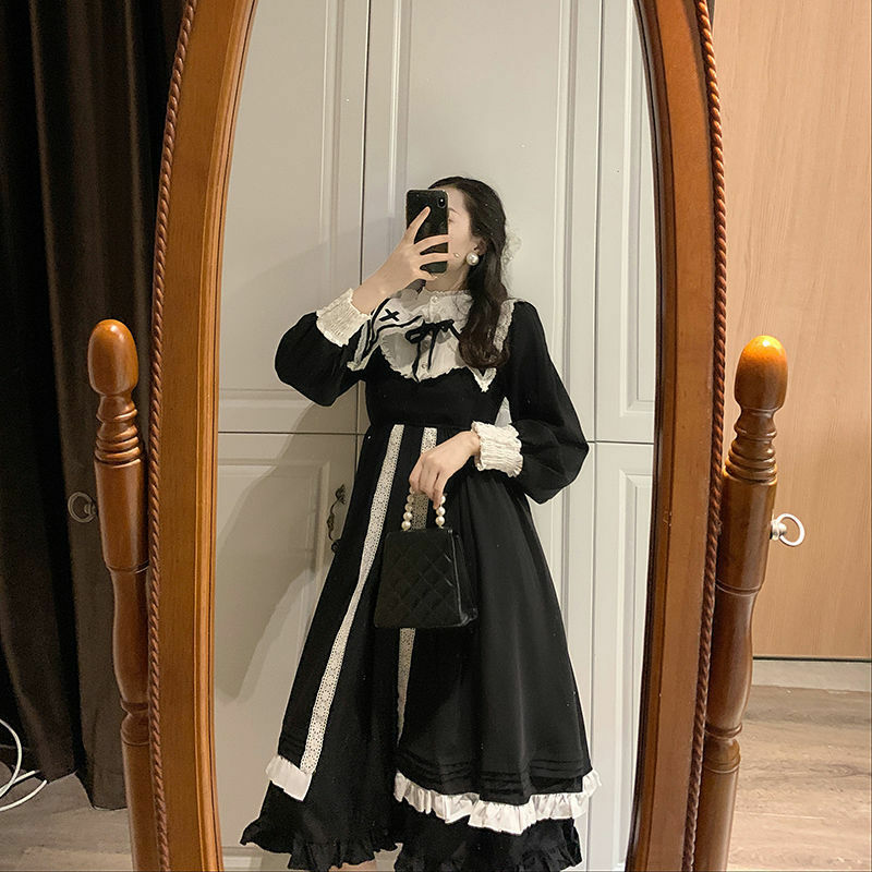 Vestido negro de estilo gótico Lolita Retro Hepburn, vestido de princesa de manga larga con volantes, cuello azul marino, kawaii