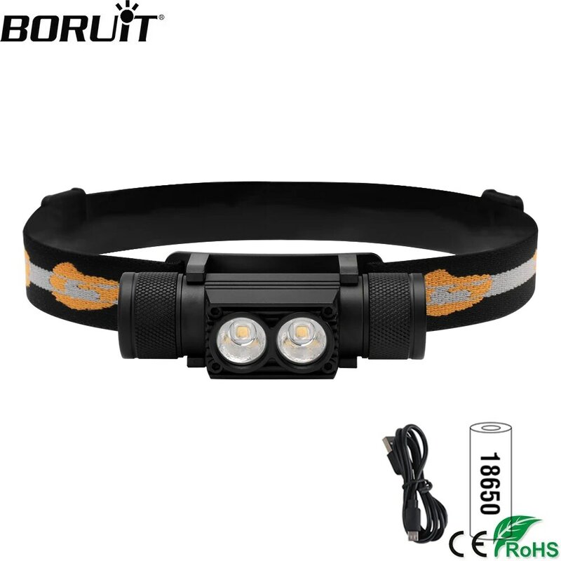 BORUiT LED Mini Headlamp Powerful 2000lm Headlight 18650 Rechargeable Head Waterproof Flashlight Camping Hunting Lighting
