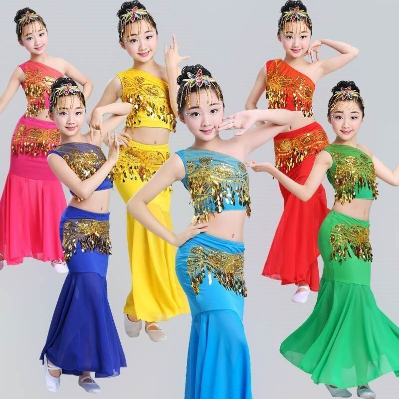 100-160 Cm Tari Perut Hari Anak Wanita Bahu Off Gadis Cosplay Tahap Payet Oriental Kostum untuk Anak-anak rok Ekor Ikan