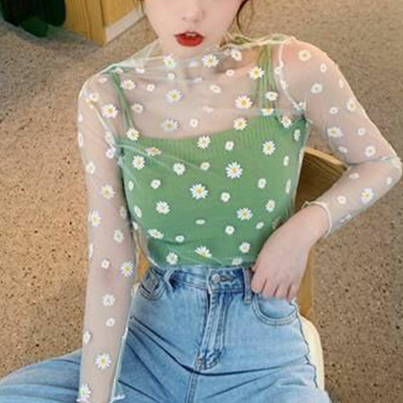 Zomer Zoete Daisy Kant Lange Mouw T-shirt Voor Vrouwen Tops Tees Mesh Transparante Vrouwelijke T-shirts Korea Sexy Meisjes kleding