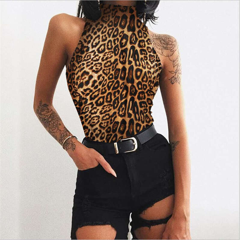 แฟชั่นเสือดาวเสื้อคอเต่าแขนกุดผอมฤดูร้อนบอดี้สูทผู้หญิงเซ็กซี่ Streetwear Bodysuits