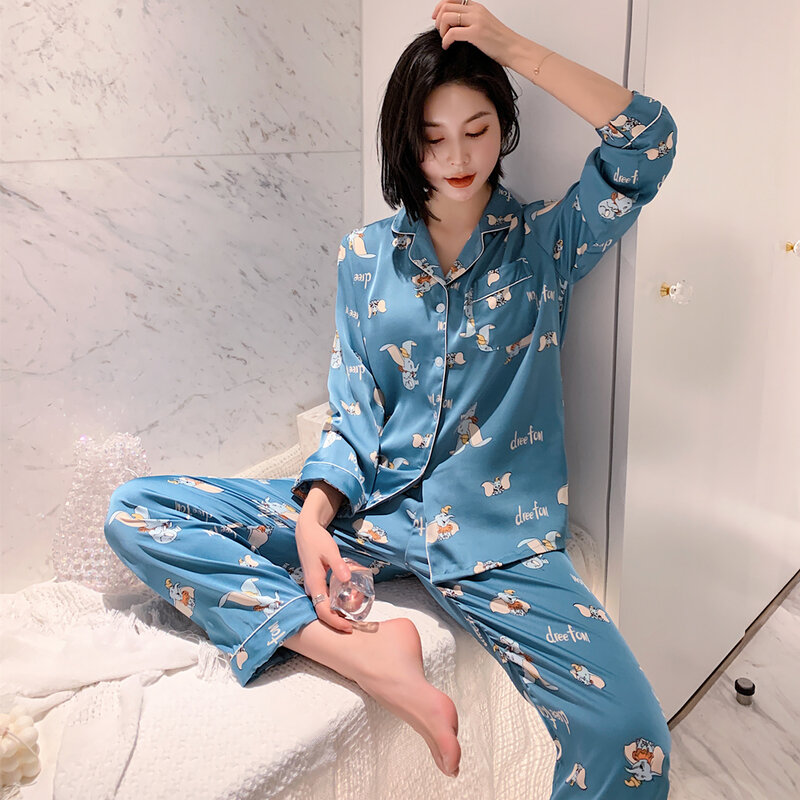 Daeyard Silk Pajama Sets Overall Print Women Satin Sleepwear Spring 2020 Long Sleeve Pijama 2 Pieces Casual Homewear Pyjamas