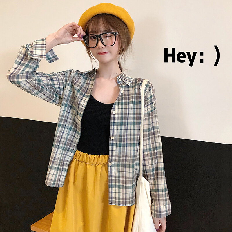 2020 Spring Women Blouses Brand New Excellent Quality Green Plaid Shirt Women Cotton Casual Long Sleeve Shirt Tops Lady Clothes