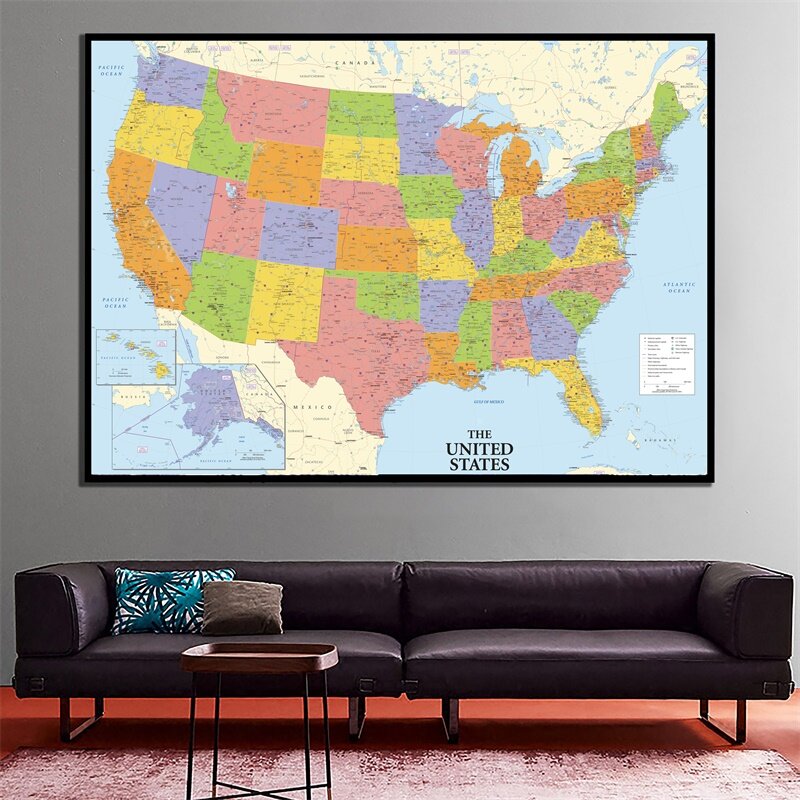 Tamanho a2 lona fina impressa mapa dos estados unidos rolo empacotado decoração de parede mapa américa para decoração de home office