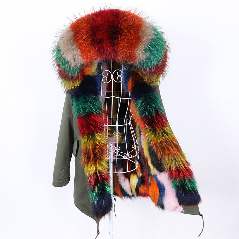 Maomaokong Women's winter fur coat Jacket with natural fur Color patchwork Removable real fox fur lined Big fur collar parkas