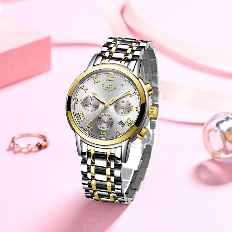 2023 LIGE Moda Feminina Relógios Senhoras Top Marca de luxo À Prova D 'Água Relógio De Quartzo De Ouro Mulheres Aço Inoxidável Data Desgaste Relógio de Presente