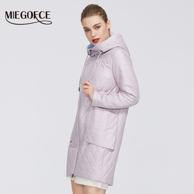 MIEGOFCE 2020 nowa damska kolekcja kurtka wiosenna płaszcz z wzorem w romby Parka głębokie kieszenie odporny kołnierz z kapturem płaszcz
