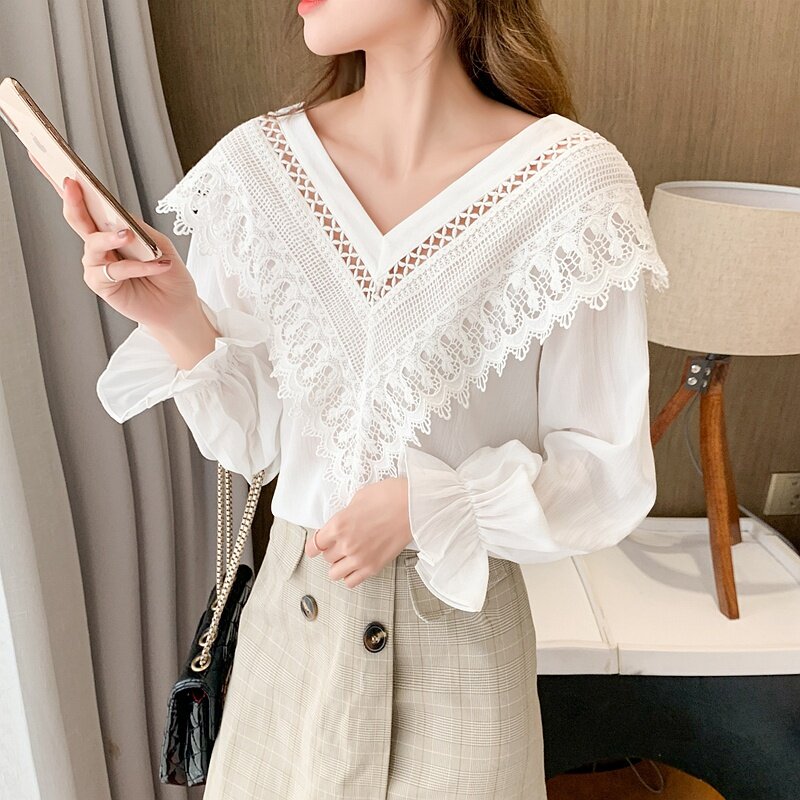 Womens Tops and Blouses Oversize Shirt Loose V-neck Hollow Shirt Chiffon Lace Long Sleeve Top Undefined