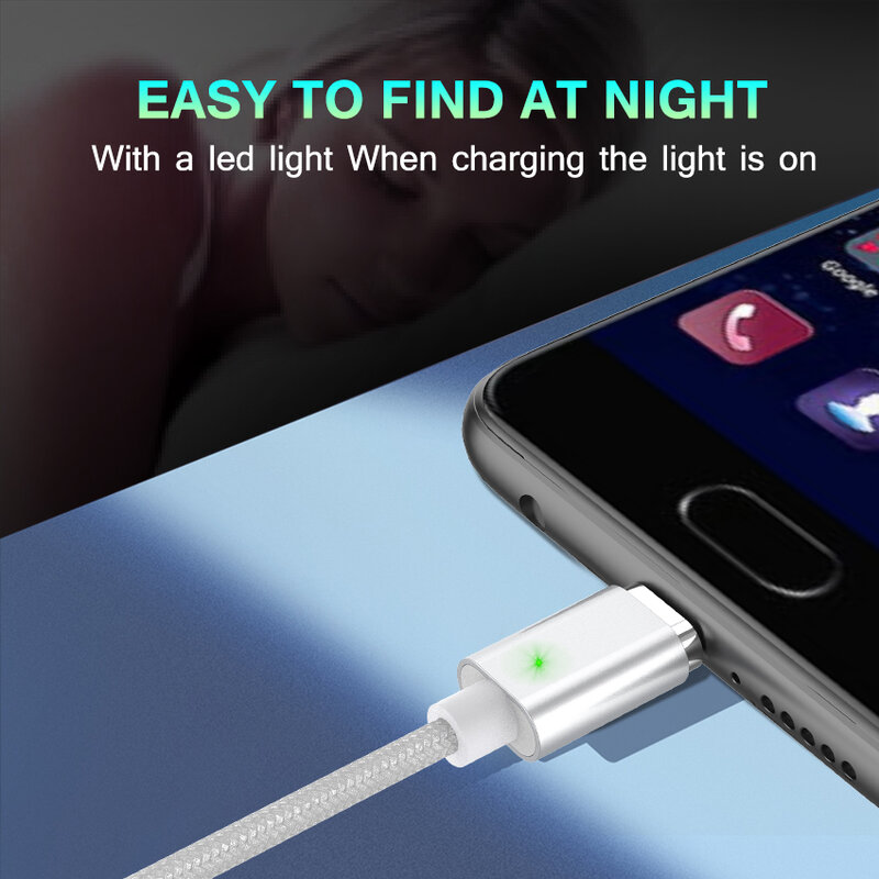 JianHan Magnetic Type C Cable 1M 3A Fast Charging Magnet Data Phone Charger Cable with LED Light for Samsung Xiaomi Huawei