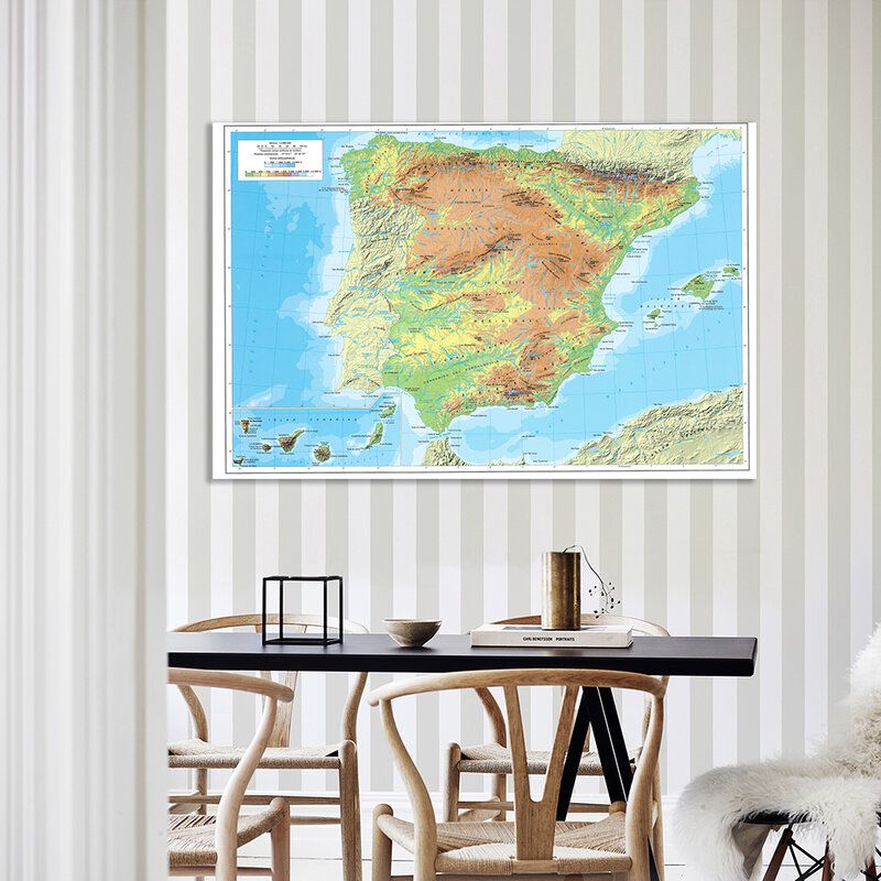 150*100 cm 스페인 지형 지도 (스페인어) 부직포 캔버스 회화 벽 아트 포스터, 학교 용품 홈 인테리어