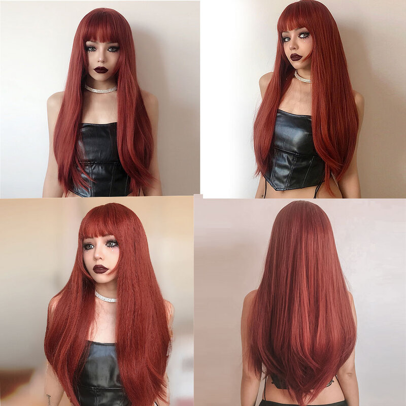 HENRY MARGU Pelucas largas y rectas para mujer, cabello sintético con flequillo, color rojo y naranja, para Cosplay, Navidad, resistente al calor