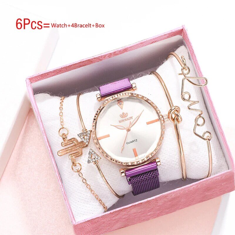 Venda quente senhoras relógio de quartzo 6 pçs bangle relógios para mulheres relógios moda feminina pulseira conjunto feminino diamante relógio com caixa