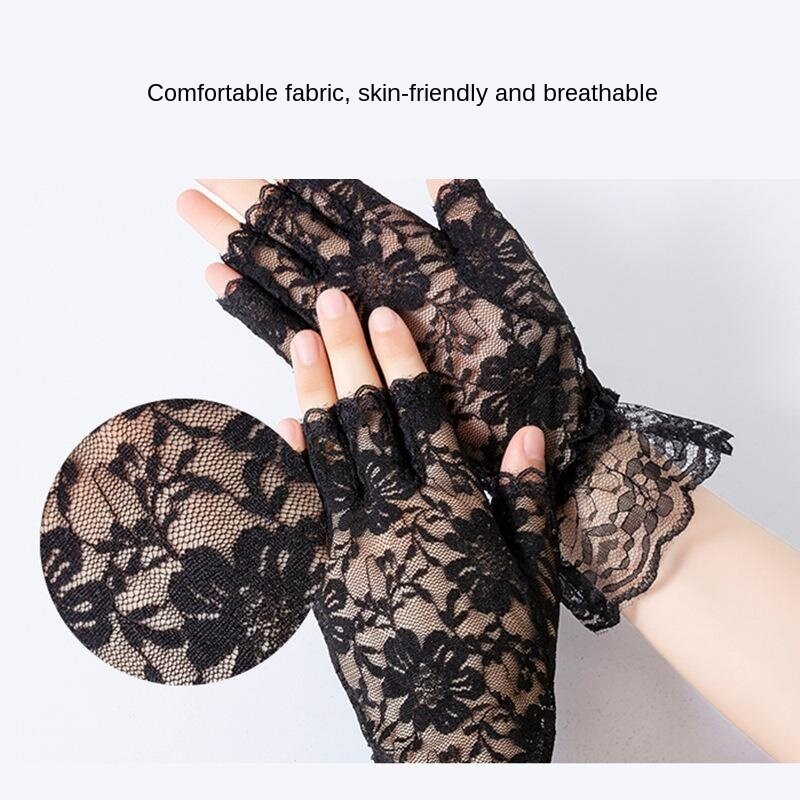 Lace Gloves New Lace Fingerless Gloves Female Riding Sunscreen Etiquette Bride Lace Driving Touch Screen Half-Finger Gloves