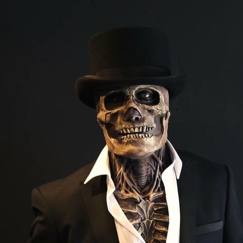 2023 più nuovo scheletro Bio-Mask Halloween Horror Mask Party Cosplay puntelli Silicone Full Cap Skull Cap Hat