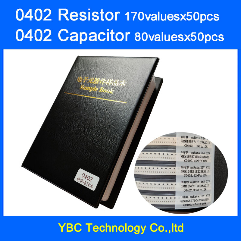 0402 SMD rezystor 0R ~ 10M 1% 170valuesx50pcs = 8500pcs + kondensator 80valuesX50pcs = 4000pcs 0.5PF ~ 1UF przykładowa książka