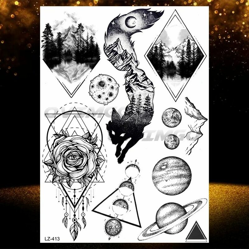 Tatuajes temporales de Lobo, triángulo, zorro, alce falso, flor, cuerpo, brazo, manos, montaña, pluma, onda geométrica