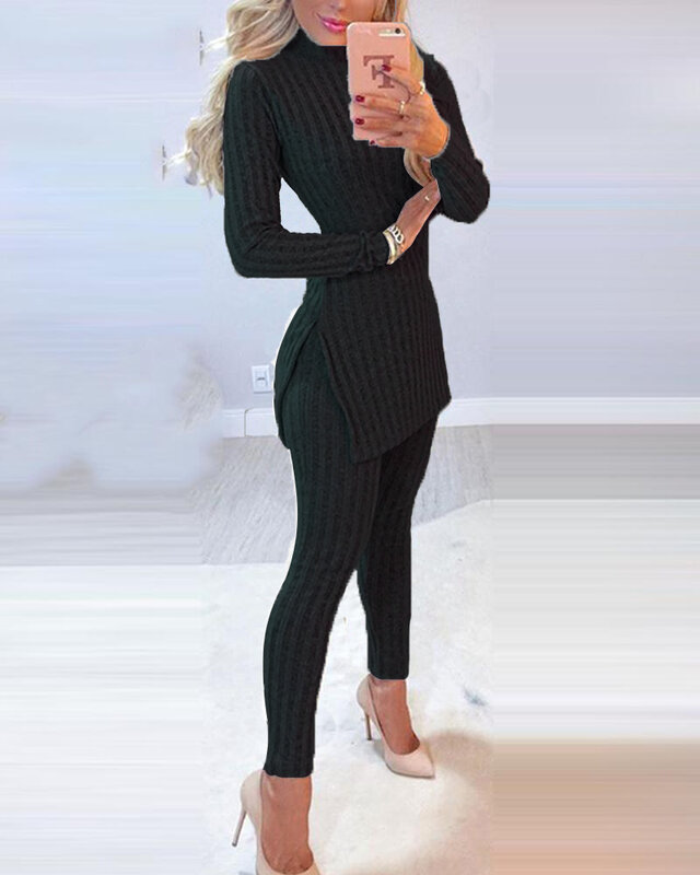 Traje de punto de 2 piezas para mujer, Top largo con abertura acanalada y pantalones de lápiz de cintura alta, traje de moda, otoño e invierno, 2021