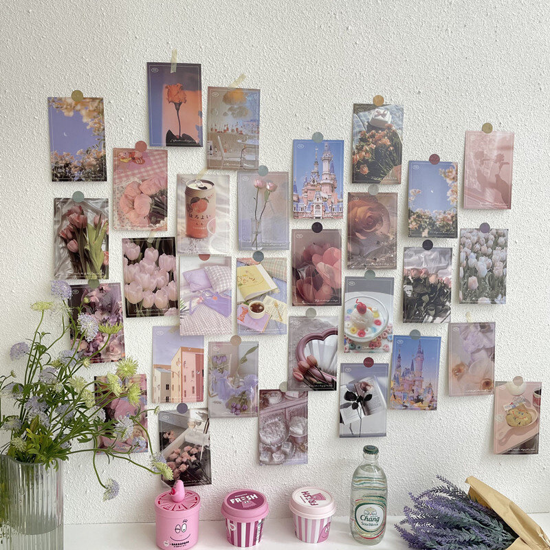 Tarjeta decorativa coreana Ins Girl's Dream serie Rosa, pegatina de pared, accesorios para fotos de dormitorio de estudiantes, bricolaje, decoración del hogar, 30 hojas, Postales