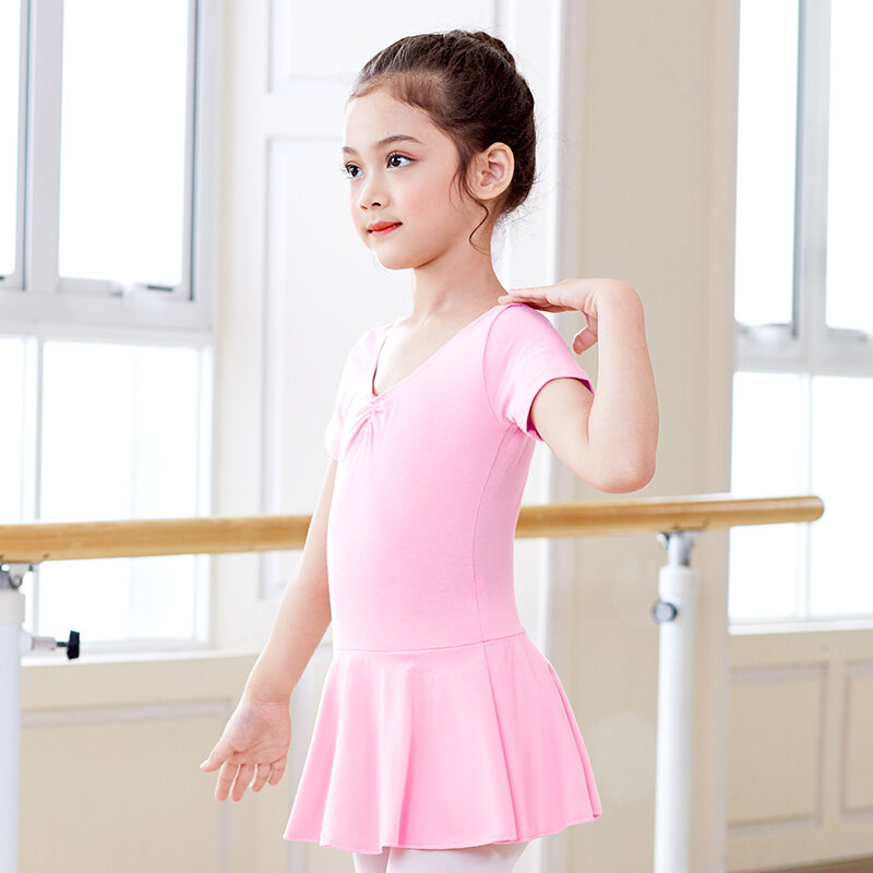 Vestido de balé feminino com laço, collant de malha para ginástica, de algodão rosa de manga comprida, para crianças, vestido para ginástica