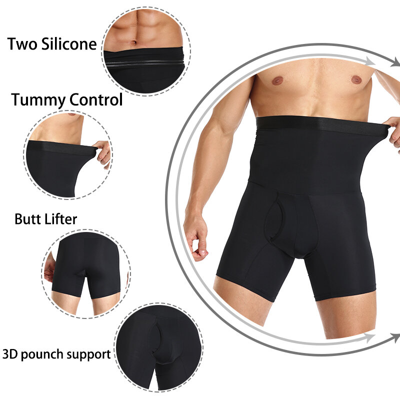 Modelador de corpo masculino, bermuda de compressão de treinamento para modelar a barriga, boxer e modelador de corpo plano em silicone para homens