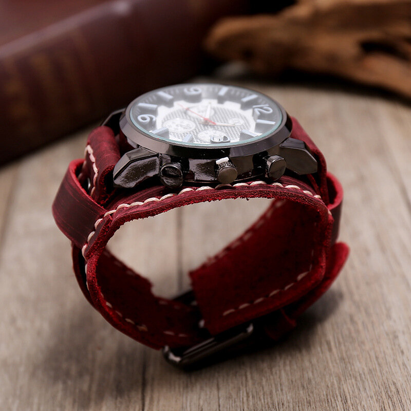 Novos relógios retrô masculino couro genuíno ampla pulseira relógio de pulso moda punk estilo relógio de quartzo para homens 2023 Cowhide Bangles