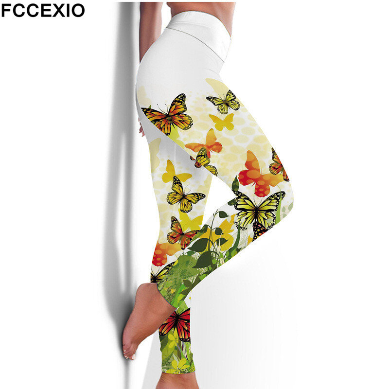FCCEXIO wysokiej talii elastyczne legginsy do fitnessu 6 kolorów motyl 3D drukuj Sexy legginsy Casual Workout sportowe spodnie