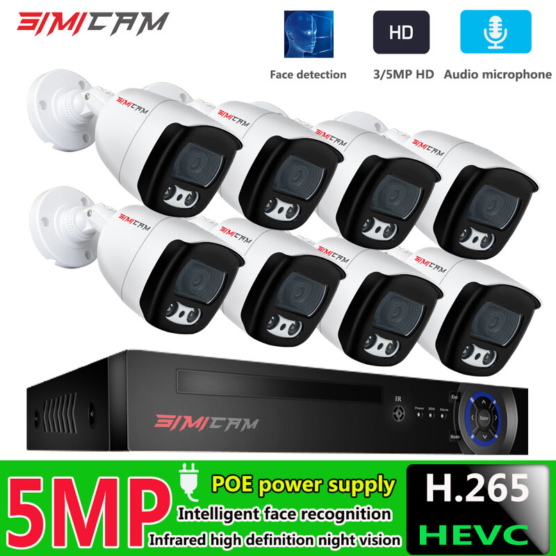 Kit de caméra intelligente IP POE AI 5MP, enregistreur vidéo 8Ch, NVR, prise en charge jusqu'à 8MP4k, Audio, système de sécurité d'extérieur étanche