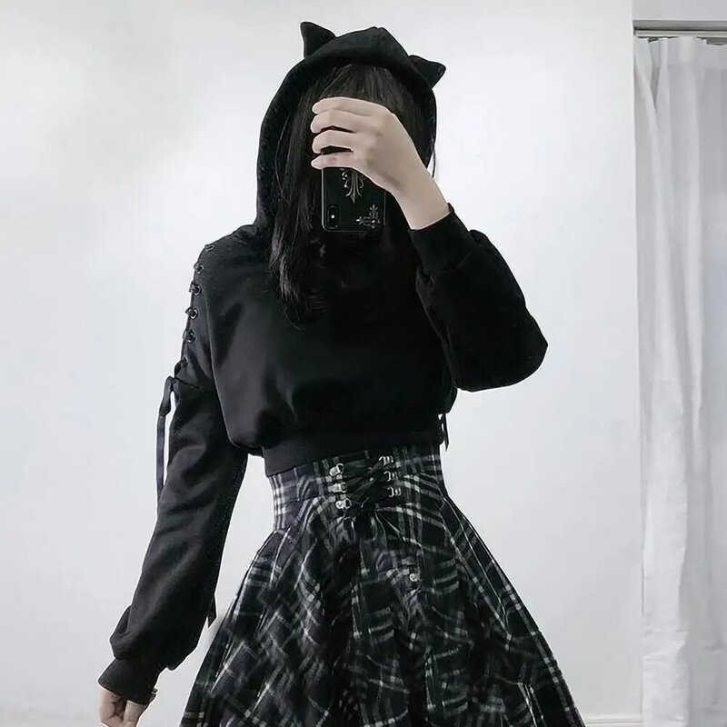 Harajuku-Sudadera larga sin mangas para mujer, jersey con capucha y orejas de gato, con cordones, Top corto