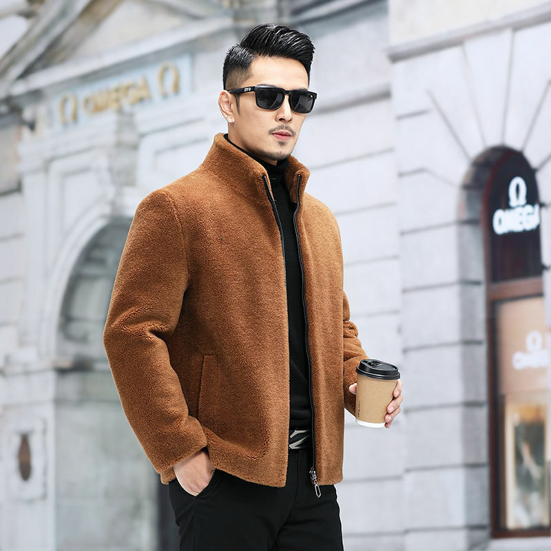 2021 Autumn Winter New Real Fur Woolen Coat Men Stand Collar Sheep Shearling Casual Jacket Outwear Male Thickening Overcoat B693