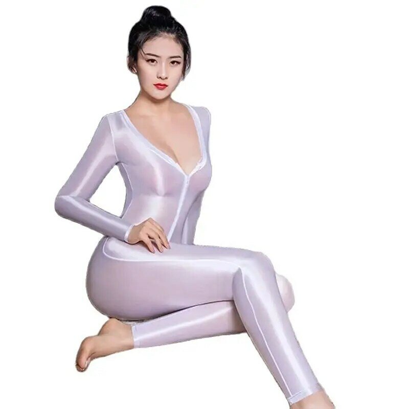 Candy Color Sexy Shapewear Women's Deep V-Neck Bodysuit Oil Glossy Hollow Out ZIpper Open Crotch Sheer Smooth Pants Tight