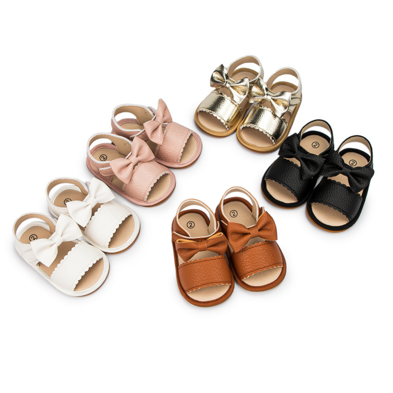 Zapatos para bebé y niña, sandalias de piel sintética con lazo, suela de goma antideslizante, zapatos de cuna para recién nacido