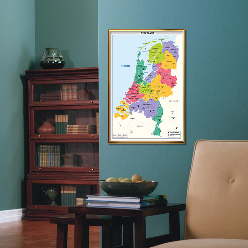 Póster de lona de mapa holandés, pintura de pared en holandés clara y fácil de leer, 42x59cm, suministros escolares, educación para niños