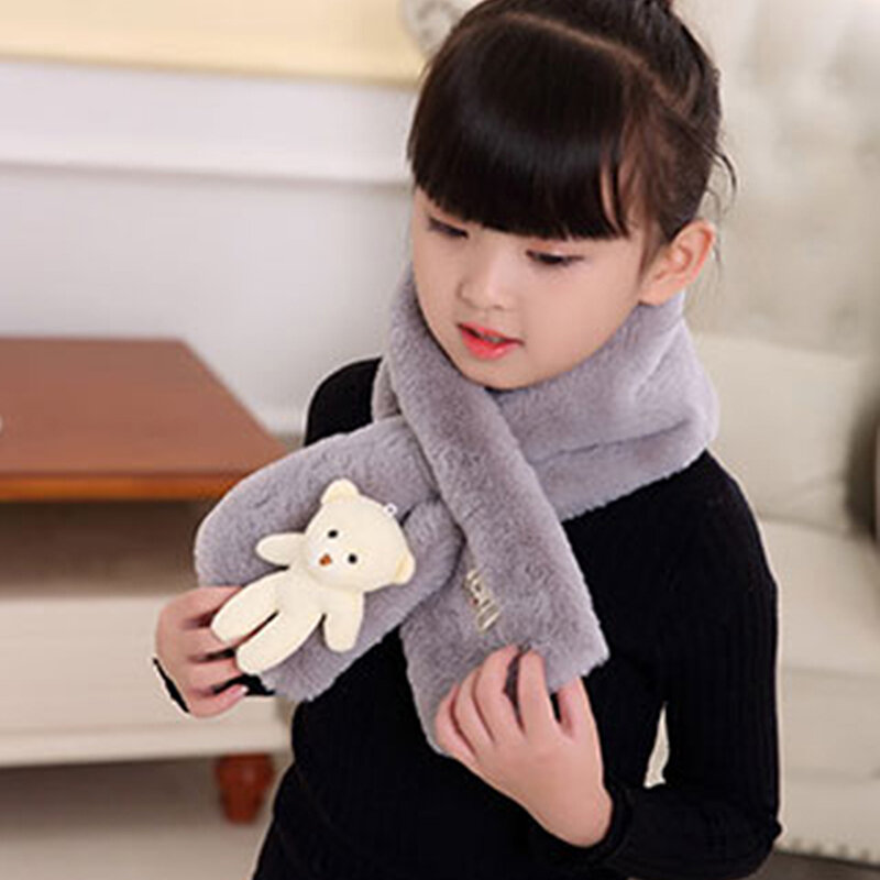 Осенне-зимний детский шарф из искусственного кроличьего меха для маленьких мальчиков и девочек, плюшевый шейный шарф с маленьким медведем, теплые шарфы серого цвета