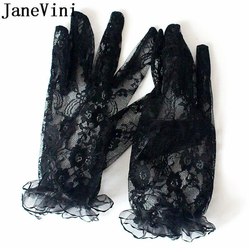 JaneVini-guantes de noche negros sexys, de encaje, de dedo completo, transparentes, para novia, longitud de muñeca corta, guantes de boda, gants mariee, nuevo