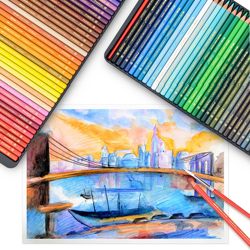 마르코 트리뷰트 마스터 120 오일 컬러 연필 드로잉 세트, 100 수채화 소프트 코어 스케치 컬러 연필, 성인 색칠 미술 용품