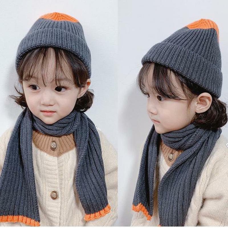 DePole-帽子と子供用スカーフセット、ニット帽、無地、厚手、暖かい、女の子、男の子、子供、2個、アクセサリー、秋冬