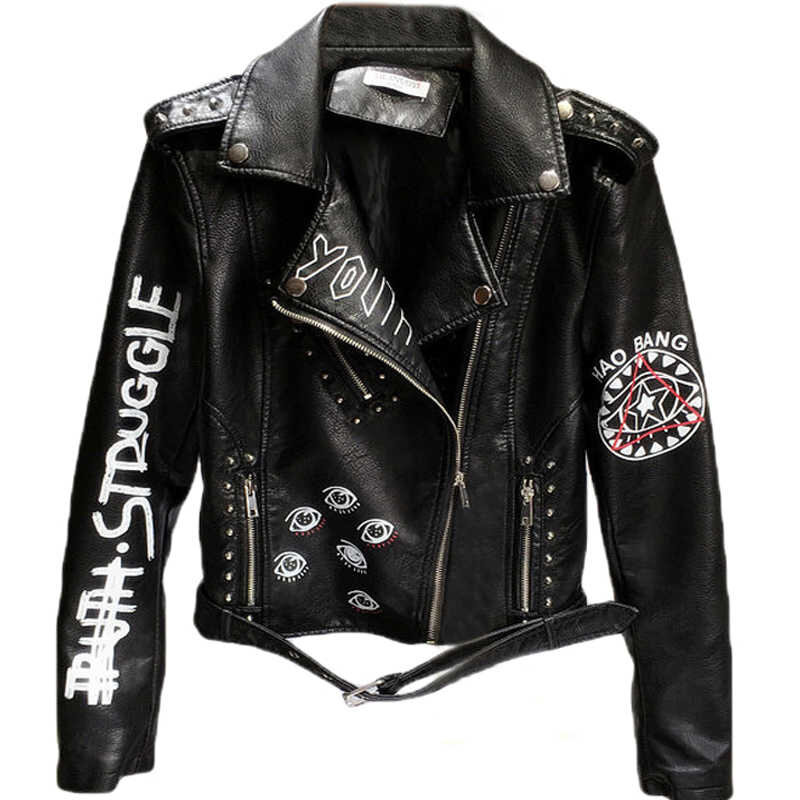 Nova jaqueta de couro do plutônio das mulheres moda graffiti imprimir casacos de couro do falso macio senhoras motocicleta motociclista punk zíper jaquetas femininas