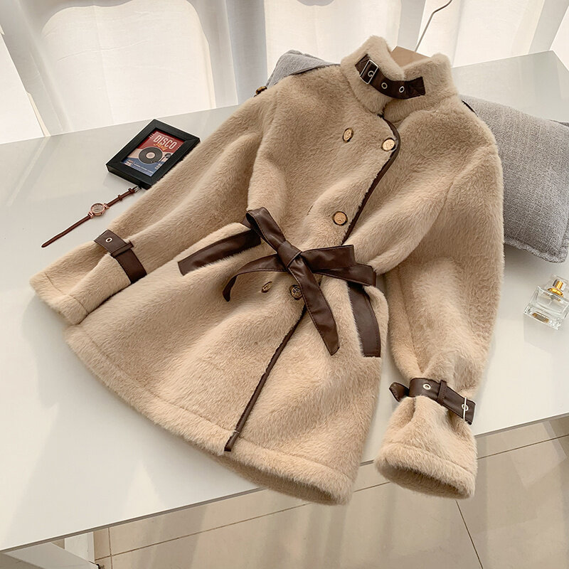 2022 inverno lungo caldo spesso cappotto di pelliccia sintetica donne con cintura allentato Casual elegante moda coreana giacche soprabito doppio petto