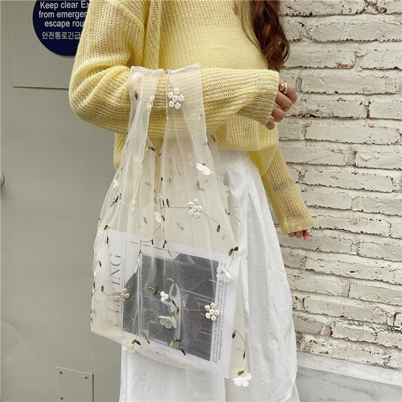 Женская Ручная сумка с цветочной вышивкой, повседневные сетчатые сумки для покупок из органзы, женские сумки