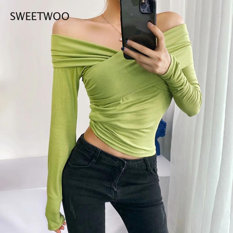 2021 women's sweatshirt sexy cross shoulder folds leaky shoulder tight-fitting bottoming shirt yoga fitness long-sleeved T-shirt