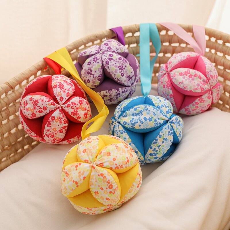 Baby Rattle Toy Hand Catching Cloth Ball ToysBed Hanging Infant Interaction Colored Rattle Ball Toy with Ribbon Appease