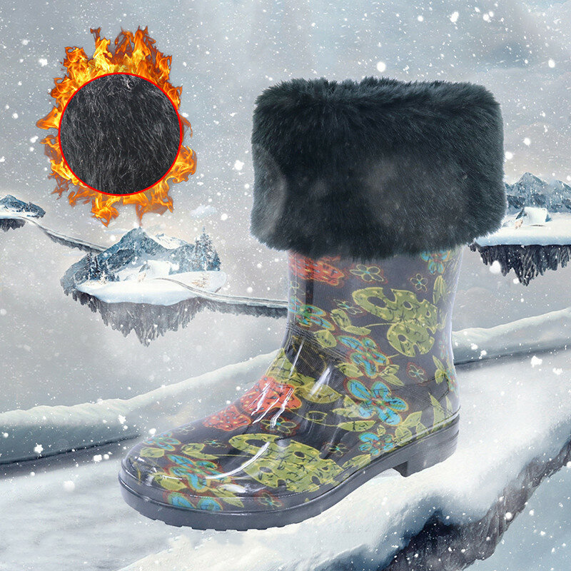 جديد أفخم بطانة طباعة احذية المطر النساء الشتاء منتصف العجل الأحذية الدافئة المياه الإناث الشتاء الأحذية المضادة للماء الانزلاق على Rainboots