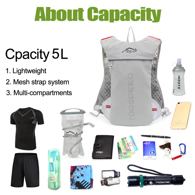 Trail Running-5L Ultralight backpack, hydration jogging vest, Marathon, bicycle, water bottle 250ml 500ml