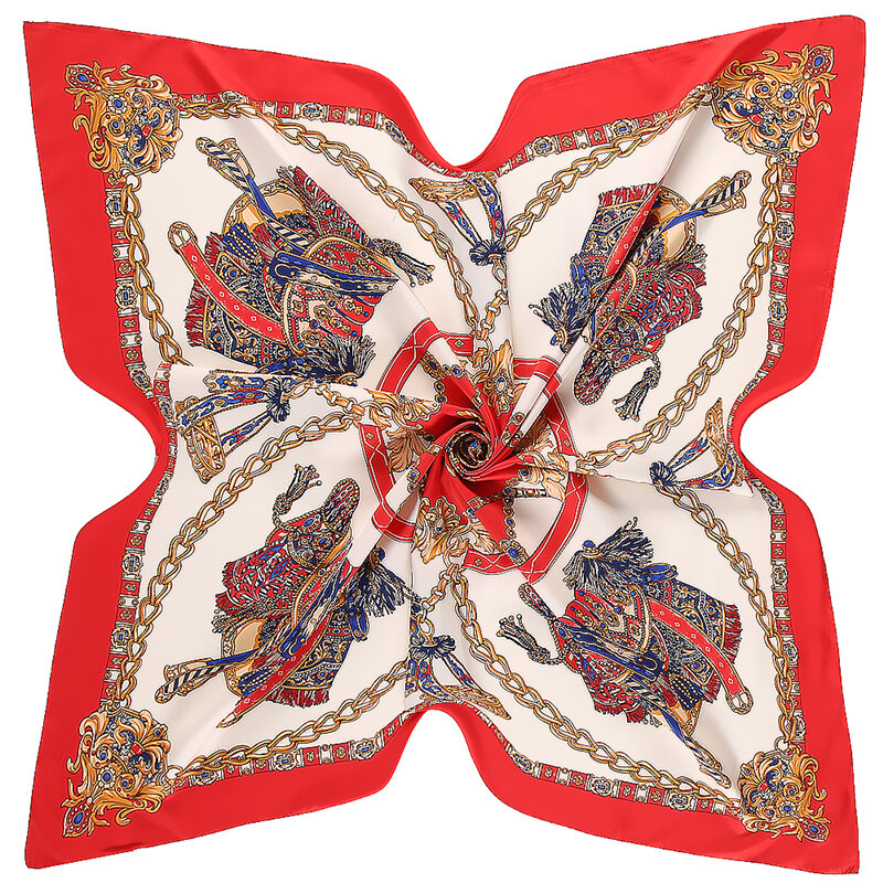 Bufanda cuadrada con cadena de sillín para mujer, pañuelo de seda de sarga de 130cm, chal de verano, marca de lujo, nuevo diseño, szalik